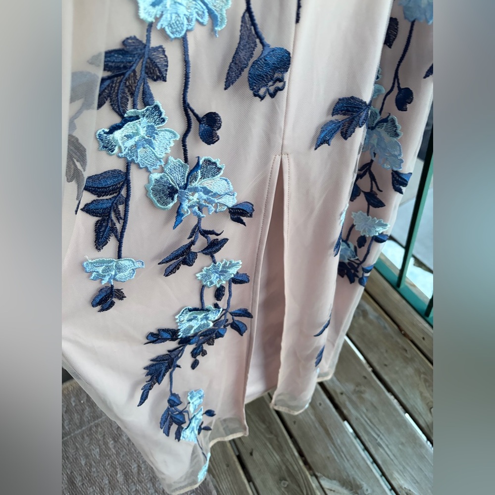 🆕 Adrianna Papell Nude & Blue Embroidered Mesh Gown Floral Column Dress Size 4 - Picture 12 of 17